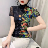 Printed Mesh T Shirt Women Short Sleeve Turtleneck TShirts Lady Basic High Stretch Tops Tees-Outfit