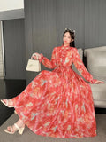 Fongt New Wooden Ear To The Waist Of The Thin Waist Goddess Vacation Seaside Long Dress 100 Folded Chiffon Swing