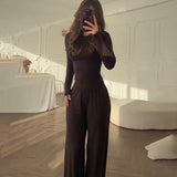 Fongt Summer New Women's Round Neck Solid Color Wide Leg Pants Temperament Commut Fashion Set