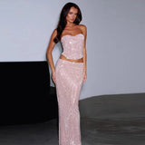 Pink Sequin Tube Top And Maxi Skirt Set-Outfit