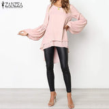 Blouse ZANZEA Autumn Crew Neck Lantern SleeveShirt Casual Solid Blusas Femininas Long Tops Tunic Asymmetrical Hem
