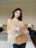 Fongt Xixi 2025 Autumn White Standard Temperament Romantic Lotus Leaf With Chiffon Shirt Long-Sleeved Shirt 89600