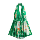 Fongt Summer New Fashion V Collar Sling Sexy Print Hanging Neck Collar Short Dress Woman-Outfit