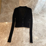 V-neck Solid Cropped Cardigan Women Korean Autumn Long Sleeve Thin Ice Silk Knitted Sweaters Air Conditioner