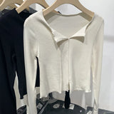 New Spring And Autumn Style Solid Color Semi-Open-Necked Blouse With Split Sleeves And Slimming Short Style With Bottom