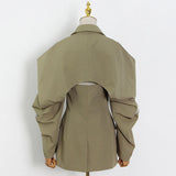 Solid Fold Pleated Women Coat Notched Long Sleeve Gathered Waist Cut Out Women's Blazer 2022 Fashion Clothing