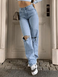 Blue Wash Straight Leg Knee Ripped Jeans-Outfit