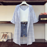 Women Korean Casual 3 Piece Set Women 3/4 Sleeve Plaid Long Hoodies Sunscreen Shirts + Knitted Vest + Denim Short