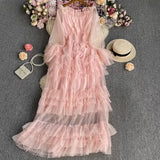 Fongt High-End Feel Leaf Edge Mesh Cake Dress Women's Waist Thin Temperament A Word Shoulder Super Fairy Long Skirt