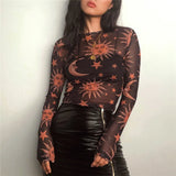Fongt Women's Mesh Hollow Out Butterfly Print Long Sleeve Crop Short T-Shirt Bottom Shirt