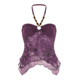 Fongt Retro-Winded Girl Feeling Beaded Hanging Neck Sling Sling Sling Sexy Mesh Splicing Irregular Pendant Top