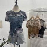 Real Shooting Of The Edge Of The Denim Splicing Tie Dye Mesh Repair Irregular Two Short-Sleeved Top T-Shirt