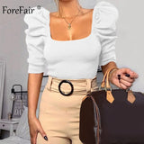 Vintage Puff Sleeve Women Blouse Square Neck Korean Style Tops Elegant Sexy White Black Slim Crop Blouse