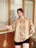 2023 New Women's Wear Retro Solid Color Ethnic Style Embroidered Loose Lantern Sleeve Shirt Loose Jacket Women-Outfit
