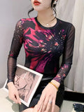 Summer Mesh Tee Long Sleeve Positioning Printing Fairy T-shirts Women's Elegant Slim Fitting Tops-Outfit