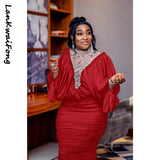 High Fashion Beaded Mesh Splicing Top Pleated Skirt Two-piece Suit African Women's Clothing-Outfit