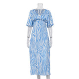 Fongt Summer Women's New Dress Short-Sleeved Satin Hanging Feeling Show Thin Back Temperament Print Dress-Outfit