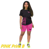 PINK Letter Print Gradient Two Piece Sets Women Round Neck Short Sleeve Top + Shorts Tracksuits Summer Fashion