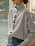 Fongt And Winter Women's Clothing Pure Color Leisure Single Row Buckle Collar Long-Sleeved Knitted Cardigan Women Elegant And Simple