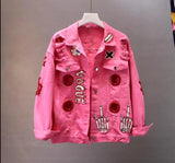 / Yellow Jeans Jacket New Spring Autumn Women's Graffiti Alphabet Printing Lace Bow Pin Hole Denim Jacket Student Basic