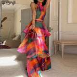 Fongt Fashion Hanging Neck Tie Dye Design Fluffy Cake Dress In Autumn 2025