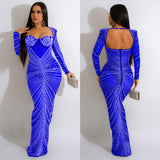 Fashion Women's Hot Diamond Mesh Perspective Long Sleeve Dress-Outfit