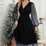 Fongt New V-Collar Elegant Slim Solid Color Stitching Mesh Perspective Sprinkling Powder Dress Female-Outfit