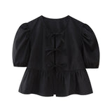 New Bubble Cuff Lace-Up Solid Color Short Blouse 1213835-Outfit