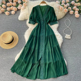 Retro Court Lace Lace V-Collar High-End Dress Waist Short-Sleeved Single-Breasted Long Skirt-Outfit