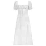 Drawstring Solid Summer Dress Beach Style Vintage Square Collar Puff Sleeve Long Dressees For Women 2021 Prairie