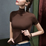 S-3XL Spring Cotton T Shirts Girls Stretchy Half Turtleneck Top Tshirt Women High Stretch Basic Tees-Outfit