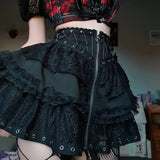 Zipper Lace Splicing Tie Short Skirt Dark Summer Street Fashion Leisure Pleated Skirt-Outfit
