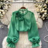 Fongt Shirt Female Design Sense Small Three-Dimensional Flower Bubble Sleeves To Reduce The Age Of Pure Color Chiffon Shirt Women's Long-Sleeved Top