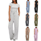 Fongt Suit Folding 2025 New Solid Short-Sleeved Top High-Rise Broad Leg Pants Sportswear