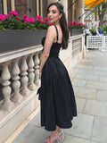 Summer Black Spaghetti Strap Holiday Party Dresses Elegant Midi Button Lace Up Dress Casual Women New In Dress 2023-Outfit