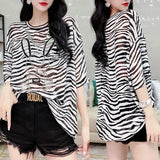 Summer Stylish Zebra Printed T-shirt Korean Loose Chic Rabbit Diamonds Commute Female Clothing Casual Round Neck Pullovers-Outfit