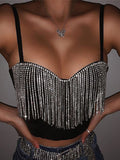 Black Strap Crop Top With Rhinestone Fringe-Outfit