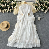 Fongt Retro V-Neck Lace To Receive Waist Long Sleeve Dress Female Thin High Sense Elegant Long Dress
