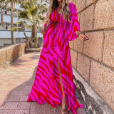 Autumn New Wish Sexy V-Tie Single-Breasted Floral Beach Dress-Outfit