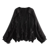 Fongt New Women's Fashion Cascade Decoration Fashion Chiffon V-Neck Long-Sleeved Shirt
