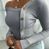 Fashion Elegant Knitted Tops Long Sleeve Off Shoulder Sexy Casual Slim Buttons Top Femme Ladies Solid Sweaters Fall