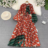 Quality Light Extravagant Lantern Long Sleeved Round Collar Waist Slim Single Breasted Printed Dress Elegant Long Skirt-Outfit