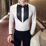 Black Tuxedo Shirt Men Sequins Patch Solid Long Sleeve Dress Slim Fit Shirts Stage Wedding Prom Gentleman Blouse