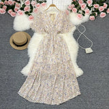 Fongt Wind Temperament Sweet Broken Flower V Collar Dress Beach Vacation Snow Spinning A Word Long Skirt-Outfit