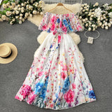Series Holiday Dress Women's 2024 New Design Feeling Printed Lotus Leaf Edge One Word Shoulder-Length Chiffon Skirt-Outfit