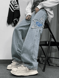 Men's Distressed Star Embroidered Loose Jeans-Outfit