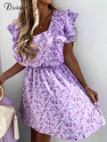 Boho Floral Women Dress For Summer 2022 Elegant Lilac Light Beach Short Sundress Sexy V Neck Ruffle Print Party