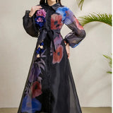 Fongt Court Dress Female Senior Sense Strap To The Waist Lantern Sleeve Print Single Buckle Mesh Elegant Dress