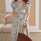 Fongt Chic Summer French Elegant V Collar Fold Feeling Waist Show Thin Long Broken Flower Platycodon Dress Female-Outfit