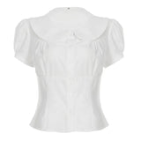 Fongt Style Organ Folds Solid Color POLO Collar Short-Sleeved Shirt To Close Short Buckle Umbilical Top